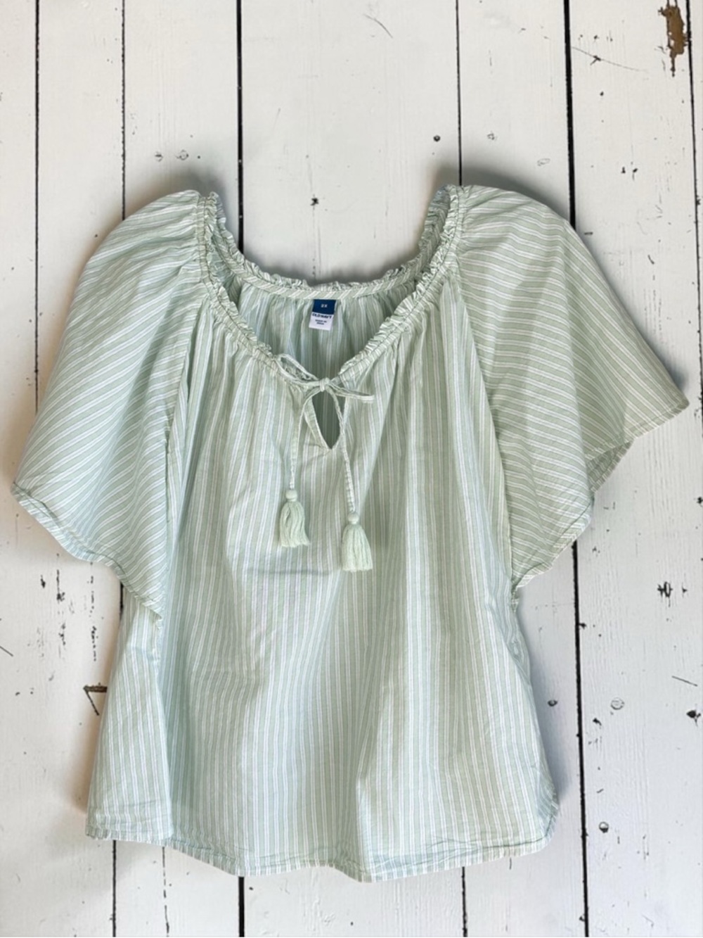 Old Navy Mint Green Striped Blouse Boho Smocked Tie Neck Flutter Sleeve 2X